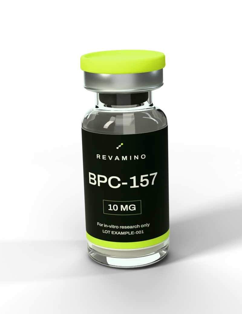 Illustrative Revamino vial with a lime cap, metal collar, rubber stopper and glass. The example LOT ID is printed near the bottom of the label, above the lime band.
